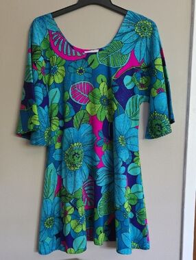 VTG Vibrant Blue & Pink Floral Swing Dress